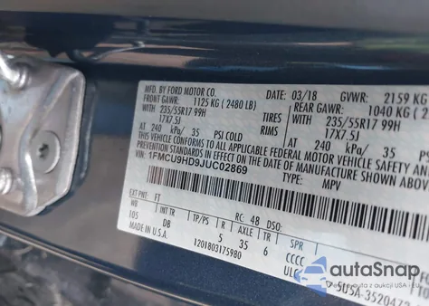 2018 Ford Escape Sel из США, поврежденный, VIN 1FMCU9HD9JUC02869